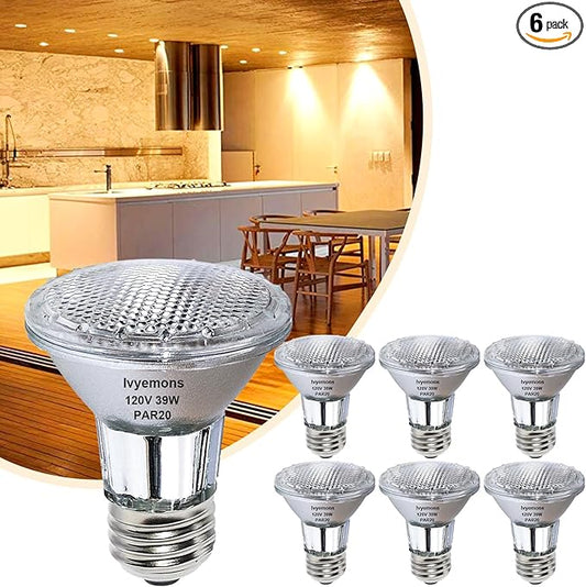 PAR20 Flood 39W 120V 480 Lumens- 6 Pack PAR20 Flood Light Bulbs with E26 Base, PAR 20 Dimmable 2800K Warm White, Long Lasting 39W PAR 20 Bulb for Recessed Lighting & Range Hood Light Bulbs
