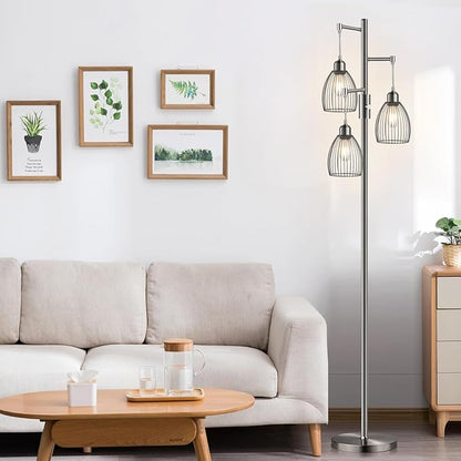 Dimmable Floor Lamp, Industrial Floor Lamps for Living Room, Brushed Nickel Tree Lamp Standing Lamp Tall Lamps with 3 Elegant Teardrop Cage Head & 800 Lumens LED Bulbs for Living Room Bedroom Office