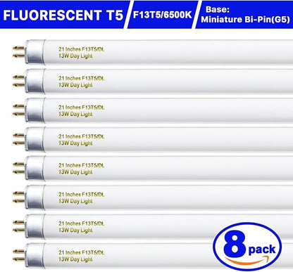 8 Pack 21 Inch T5 Fluorescent Bulbs 13 Watt Daylight 6500K, F13T5D Under Cabinet Lights Bulb, 750 Lumen G5 Base