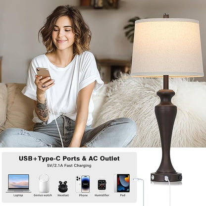 30" Brown Table Lamps Set of 2, 3-Way Touch Control Bedside Lamp with USB A+C Ports and AC Outlet, Tall Living Room Lamps for End Table, Elegant Coffee Bedroom Lamp for Night Stand
