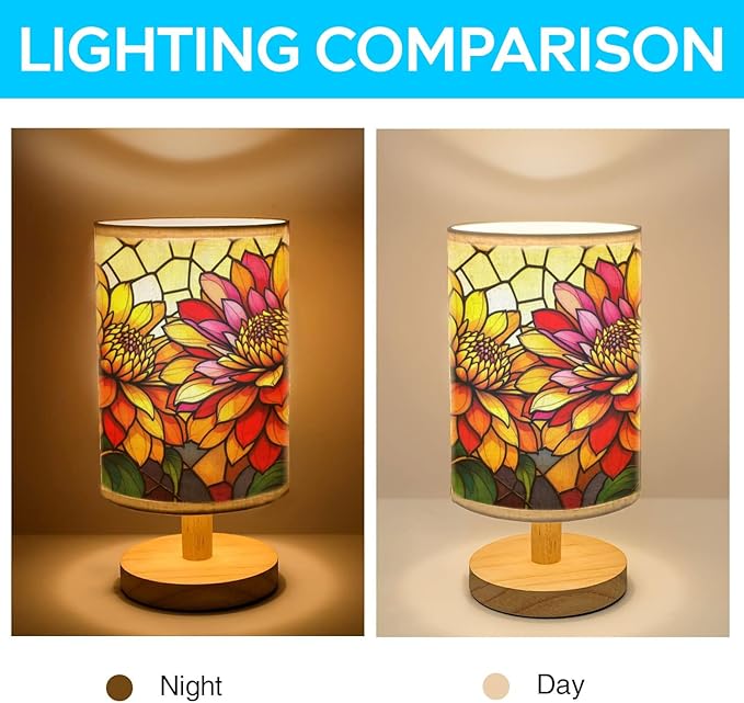 Zinnia Table Lamp LED 3-Color Pressed Bedside, Zinnia Shade Lamp with Wood Base for Bedroom Living Room Desk Office TL01
