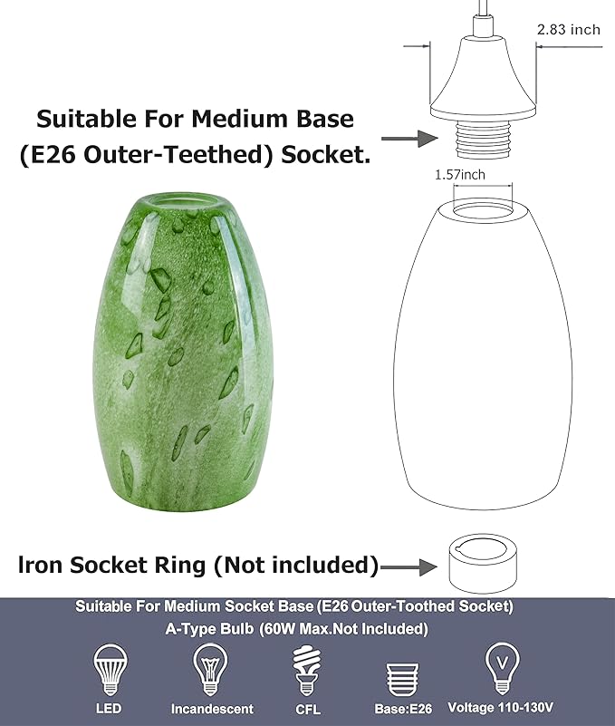 3 Pc Green-plant Oval Pendant Light Shades Only,GO&SO Hand Blown Glass Pendant Lamp Shade,Fitter 1.57 ",Height 7.8 ",Max Diameter 4 ",Stained Glass Pendant Lights Kitchen Island Replacement Lamp Shade