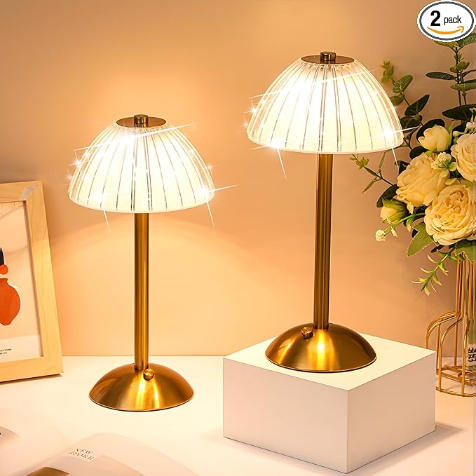 Liliful 2 Pcs Cordless Table Lamp Rechargeable Touch LED Small Gold Portable Battery Operated USB-c Desk Lamp 3 Color Dimmable for Bedroom Living Room Dining (Gold,Mushroom Style)