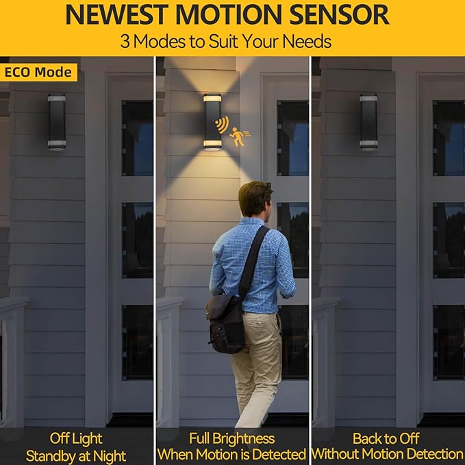 SHIMR Motion Sensor Outdoor Wall Lights 2 Pack, Modern Dusk to Dawn Up Down Sconce with 3 Modes, WaterprExterior Lighting Fixtures for Porch Garage Patio, 3000K LED Bulb Included, Black Finish