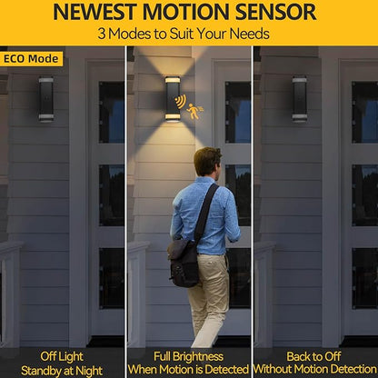 SHIMR Motion Sensor Outdoor Wall Light, Modern Dusk to Dawn Up Down Sconce with 3 Modes, Waterproof Exterior Light Fixture for Porch Garage Patio, 3000K LED Bulb Included, Black Finish
