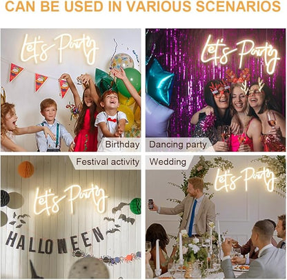DIVATLA Let's Party Neon Sign for Decor, Large 23"X10" Light Up LED Signs for Birthday, Prom, Wedding, Celebrations, Warm White