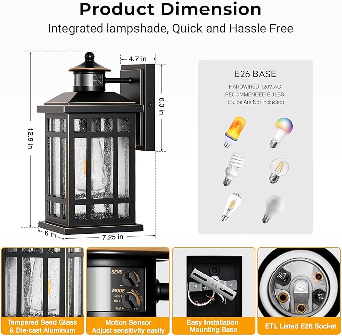 Motion Sensor Outdoor Lights, Black Dusk to Dawn Outdoor Lighting with Tempered Glass, Aluminum Waterproof Anti-Rust Outside Wall Light Fixtures, Adjustable Sensitivity & Brightness, Hardwired