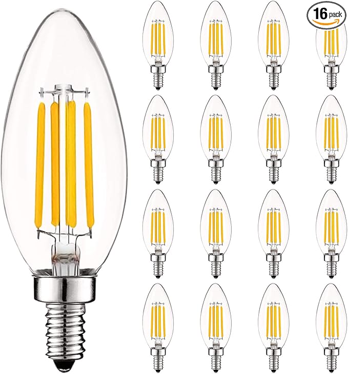 LUXRITE Vintage Candelabra LED Bulb, 60W Equivalent, 550 Lumens, 3000K Soft White, Dimmable, Clear Glass, Filament LED Candle Bulbs, UL Listed, E12 Base (16 Pack)
