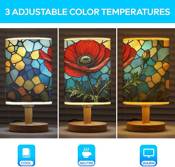 Poppy Table Lamp LED 3-Color Pressed Bedside, Poppy Shade Lamp with Wood Base for Bedroom Living Room Desk Office TL01
