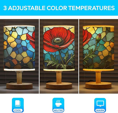 Poppy Table Lamp LED 3-Color Pressed Bedside, Poppy Shade Lamp with Wood Base for Bedroom Living Room Desk Office TL01