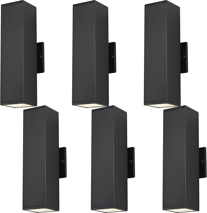 Modern Exterior Lighting Fixtures, Black Outdoor Wall Light Fixtures, 14 in Up and Down Front Porch Light,Square Outdoor Lights for House,Garage Include 12 * 7W Led GU10 Bulbs Aluminum 6PCS