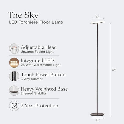 Brightech Sky LED Floor lamp, Torchiere Super Bright Floor Lamp for Living Room Decor & Office - Dimmable, Tall Standing Lamp with Warm Light for Bedroom & Reading - Brushed Nickel
