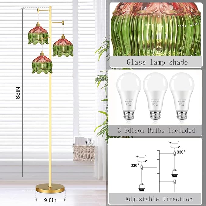 Glass Gold Floor Lamp for Living Room,Bedroom,Mid Century Modern Standing Lamp Brass Tree 3 Light Tall Floor Lamps Vintage Retro Floor Lights Green Flower Lamp Shade Farmhouse Boho Bohemian
