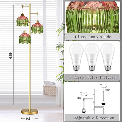 Glass Gold Floor Lamp for Living Room,Bedroom,Mid Century Modern Standing Lamp Brass Tree 3 Light Tall Floor Lamps Vintage Retro Floor Lights Green Flower Lamp Shade Farmhouse Boho Bohemian