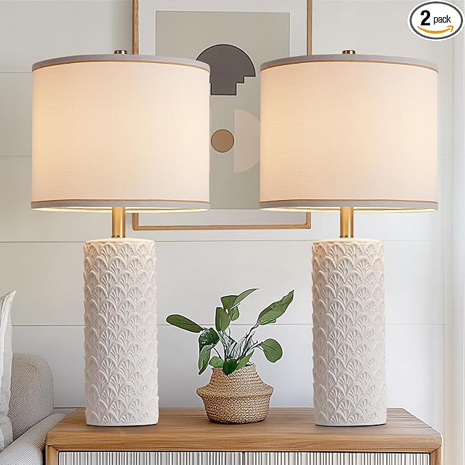 27" Farmhouse Bedside Table Lamp Set of 2, White Modern Ceramic Lamps for Living Room, 3 Color Temperature Rustic Table Lamps for Bedroom, Night Stands, Dorm,Office, Home Décor (Bulb Included