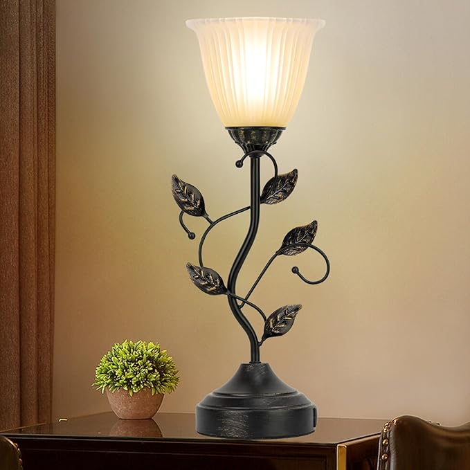 Touch Lamps for Nightstand Set of 2, Stripe Glass Shade Blossoming Bedside Lamp with USB A+C Charging Ports, Torchiere Table Lamp with Metal Leaf Base Decor Bedroom Living Room