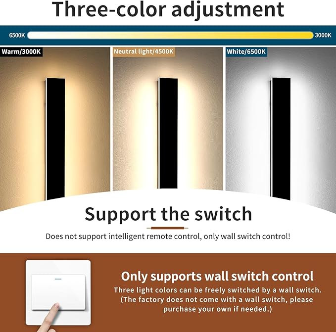 2 Pack Long Outdoor Porch Light, 23.6inch Modern LED Wall Sconce, IP65 Waterproof, 3 Color 3000K/4500K/6000K, 24W, Exterior Linear Lighting Fixture for Patio, Yard, Garage, Balcony