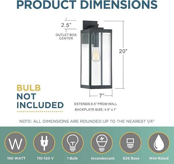 Quoizel Westover Modern Wall Sconce, 20 Inch Earth Black 1-Light Outdoor Light Fixture, Clear Beveled Glass Wall Lantern, 150 W, Industrial Design Wall Light for Porch, Patio, Gazebo or Yard