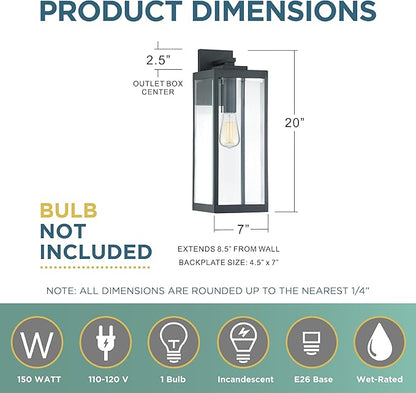 Quoizel Westover Modern Wall Sconce, 20 Inch Earth Black 1-Light Outdoor Light Fixture, Clear Beveled Glass Wall Lantern, 150 W, Industrial Design Wall Light for Porch, Patio, Gazebo or Yard