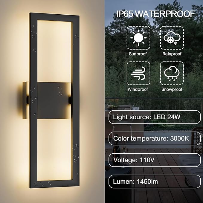 LamQee 22" Modern Outdoor Wall Lights 2 Packs, 3000K 1450LM LED Large Exterior Lighting Fixtures with Rectangle Frame, Matte Black Linear Outside Sconce Wall Mount for House Porch Patio Garage Door