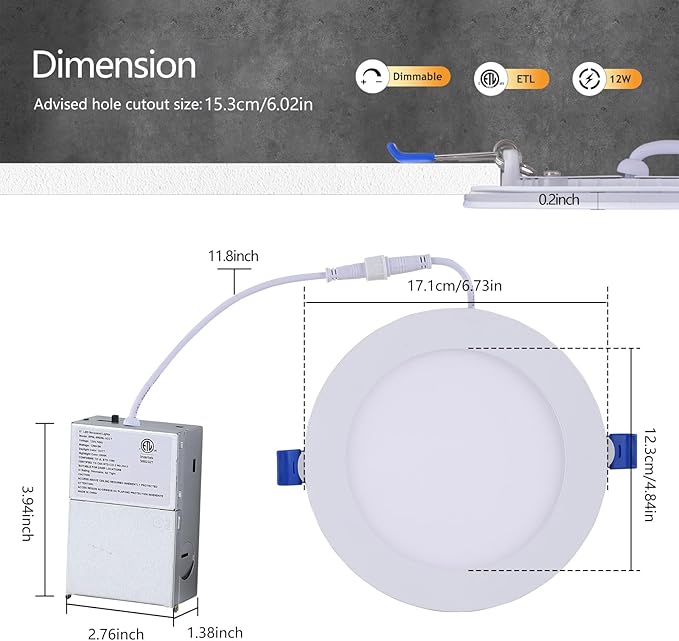 CycevSun 12 Pack 6 Inch LED Recessed Lighting with Night Light - Canless Ultra Thin Wafer Downlight Soffit Pot, Dimmable & 5 Color Temperature Selectable, 12W, ETL & Energy Star
