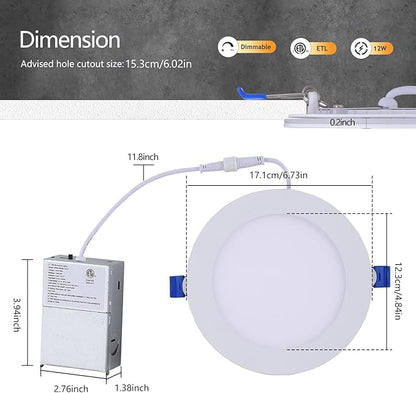 CycevSun 6 Pack LED Recessed Lighting 6 Inch with Night Light, Dimmable 5CCT Canless Ultra Thin Wafer Downlight Soffit with Junction Box, 5 Color Selectable, 12W, ETL & Energy Star
