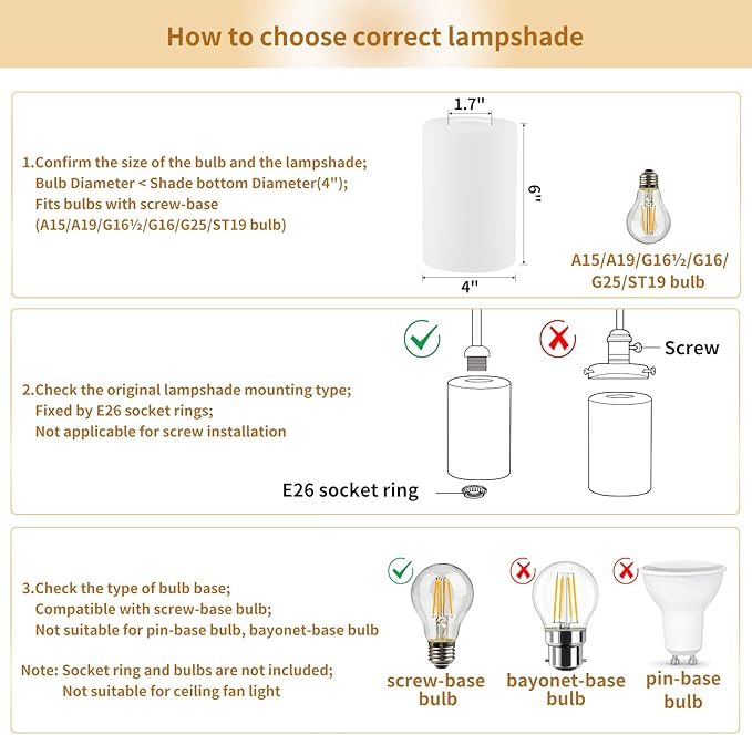 3 Pack Frosted Opal White Glass Lamp Shade, Lip-less Cylinder Glass Light Fixture Cover, Replacement Globe for Chandelier, Pendant, Vanity Light