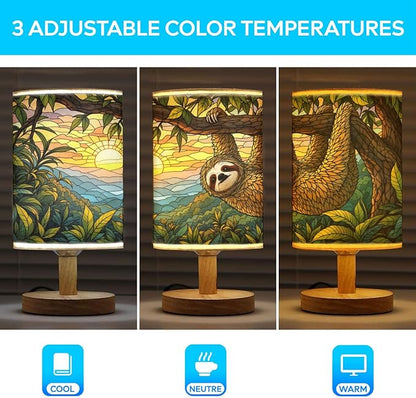Sloth Table Lamp LED 3-Color Pressed Bedside, Sloth Shade Lamp with Wood Base for Bedroom Living Room Desk Office TL01