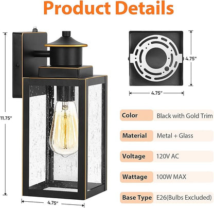 BesLowe 2-Pack Dusk to Dawn Outdoor Wall Lights, Modern Porch Lights Outdoor Sconces with Seeded Glass, Exterior Lighting Fixtures, Outside Lights for House Front Door Garage, Black with Gold Trim