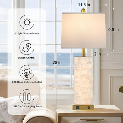 28" Coastal Table Lamps for Living Room Set of 2, Bedside Lamps with Night Light, USB A+C Ports, Modern Sea Shell Bedside Night Stands Light for Beachy Cottage Decor (Gold)