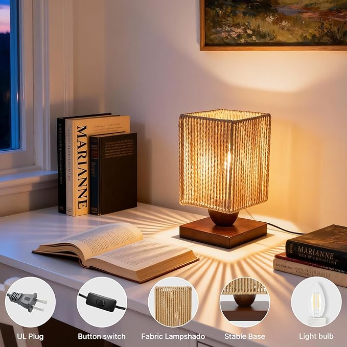 Boho Small Table Lamp,Vintage Wicker Wooden Nightstand Bamboo Woven End Table Lamps,Farmhouse Rattan Beside Lamp for Room Decor, for Bedroom Living Room Desk Kids Room(LED Bulb Included) (A)