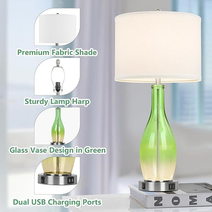 BesLowe 26in Tall Glass Table Lamps Set of 2 with 2 USB Charging Ports & LED Nightlight, Large Coastal Table Lamps for Living Room End Table, Modern Beach Lamps for Bedroom Bedside Nightstand, Green
