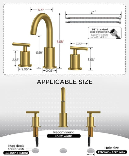 FORIOUS 2 Pack 8 Inch Widespread Brushed Gold Bathroom Faucet 3 Hole, 2 Handle Gold Sink Faucet Bathroom Vanity with 360 Degree Swivel Spout, with Pop Up Drain and cUPC Supply Line
