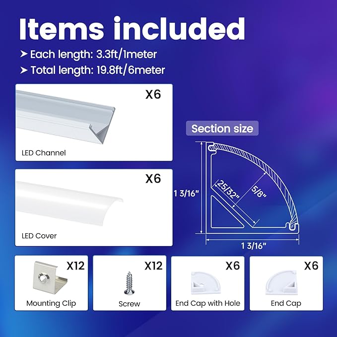 Muzata 6Pack 3.3FT/1M Plus-Size Spotless V Shape LED Channel Silver Aluminum LED Diffuser Channel with Milky White Cover V101 WW 1M