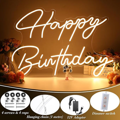 30" x 21" Happy Birthday Neon Sign Large Happy Birthday LED Neon Light Signs with Dimmable Switch 12V Power Adapter for Party Wall Decoration Bar Rave Home Decor Backdrop(Warm White,30" x 21")