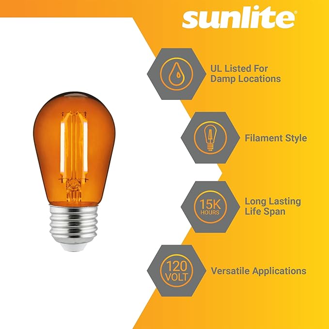 Sunlite LED S14 String Light Bulb, 2 Watts (25W Equivalent), Medium E26 Base, Party Decoration, Holiday Lighting, Transparent, Dimmable, UL Listed, Orange, 6 Count