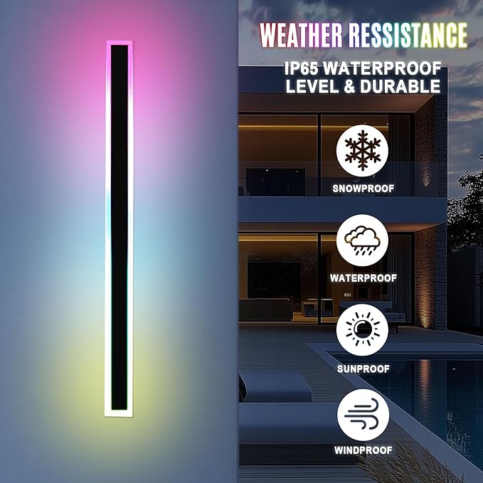 2PCS 47" RGBW LED Long Wall Light Outdoor, Black Led Wall Sconces, IP66 Waterproof Lighting, Exterior Light Fixtures Wall Mount, Suitable for Courtyard/Exterior Wall/Patio