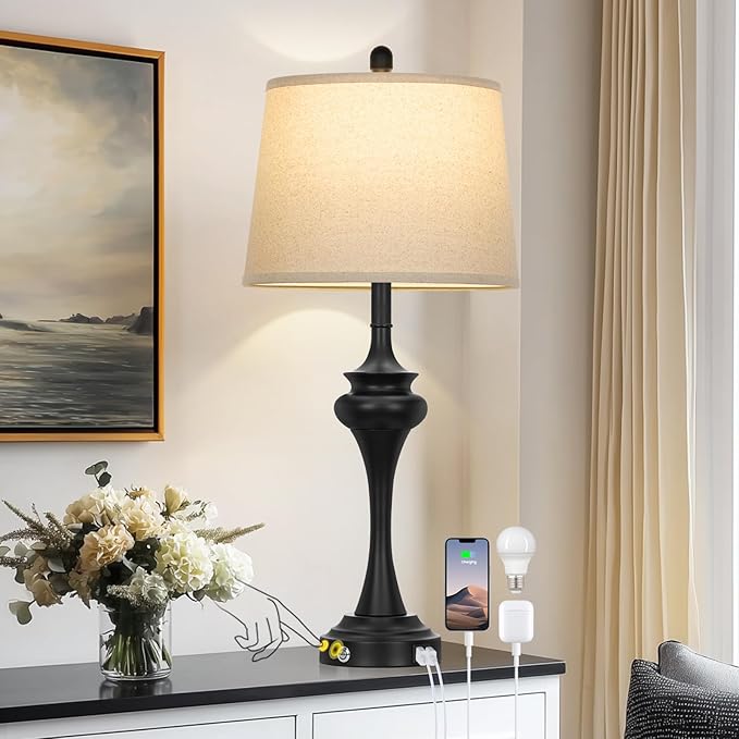 30 Inch Black Table Lamp Single, 3-Way Touch Control Bedside Lamp with USB A+C Ports, Modern Bedroom Lamps for Nightstand, Metal Living Room Lamps for Side Table Desk Office, Bulb Included