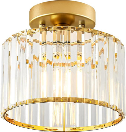 Crystal Gold Semi Flush Mount Ceiling Light, Modern Hallway Light Fixture, Metal Close to Lamp for Bathroom Entryway Bedroom Kitchen(8.66 inch)