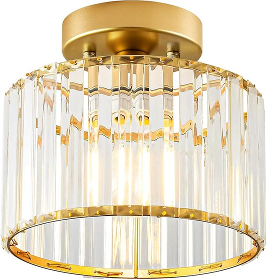 Crystal Gold Semi Flush Mount Ceiling Light, Modern Hallway Light Fixture, Metal Close to Lamp for Bathroom Entryway Bedroom Kitchen(8.66 inch)