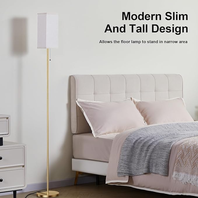 Gold Floor Lamps for Living Room Bedroom - 3 Color Temperature Modern Standing Lamps with Pull Chain Switch LED Bulb, Tall Lamp for Office Kids Room Reading Corner(Light Beige Shade)