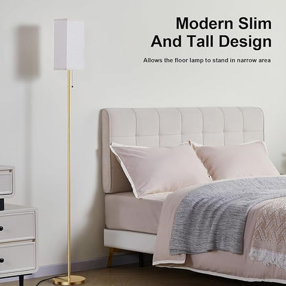 Gold Floor Lamps for Living Room Bedroom - 3 Color Temperature Modern Standing Lamps with Pull Chain Switch LED Bulb, Tall Lamp for Office Kids Room Reading Corner(Light Beige Shade)