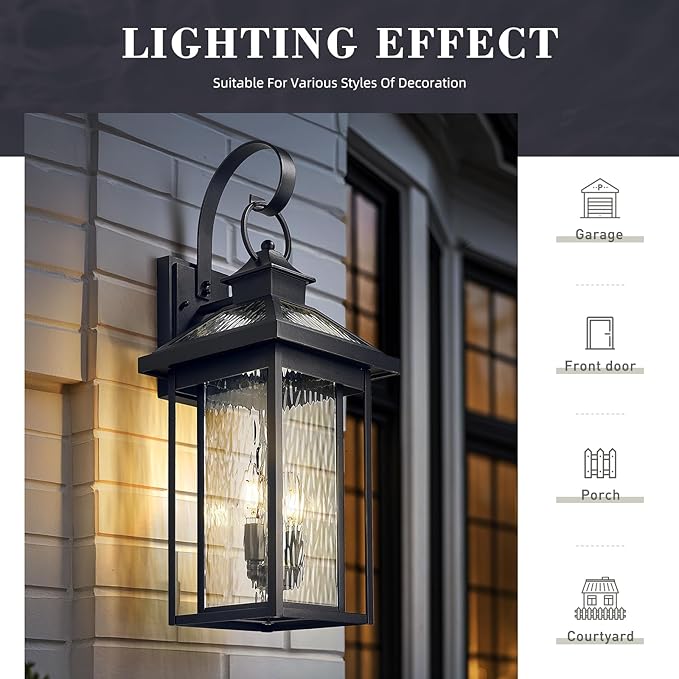 zeyu 2-Light Porch Wall Mount Light, 25.2'' Outdoor Porch Lantern Wall Mounted for House in Black Finish, Die-Cast Aluminum with Water Ripple Glass, ZW114BM BK-SW