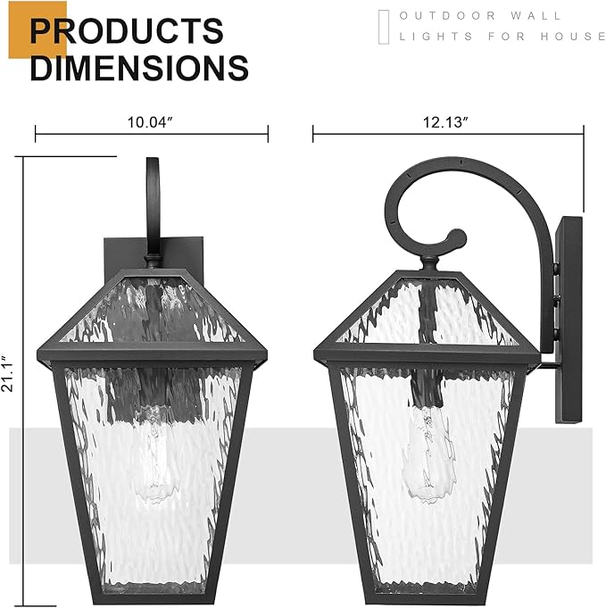 Outdoor Lights Fixtures Wall Mount, Outdoor Wall Lantern with Water Ripple Glass, Waterproof Outside Exterior Wall Sconce Lights Fixture for House, Front Porch, Patio, Medium, Matte Black
