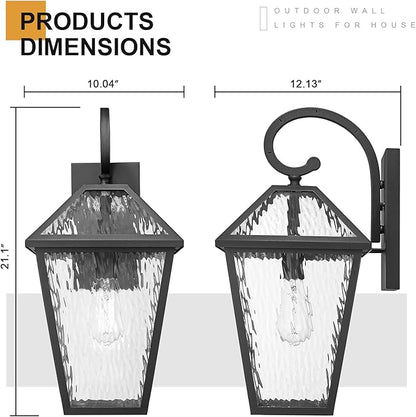 Outdoor Lights Fixtures Wall Mount, Outdoor Wall Lantern with Water Ripple Glass, Waterproof Outside Exterior Wall Sconce Lights Fixture for House, Front Porch, Patio, Medium, Matte Black