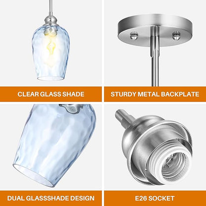Glass Pendant Lights Kitchen Island, Brushed Nickel Pendant Light Fixtures with Hand-Blown Clear Glass, Modern Hanging Light for Kitchen Sink Dining Room Bedroom, E26 (Blue, 2pack)