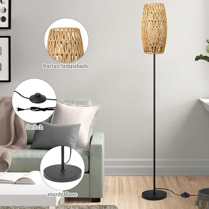 Floor Lamp for Living Room,Farmhouse Floor lamp,Modern Standing lamp with Hand-Worked Rattan Shade (Drum Rattan Shade Black Body Color-3 Color Bulb)