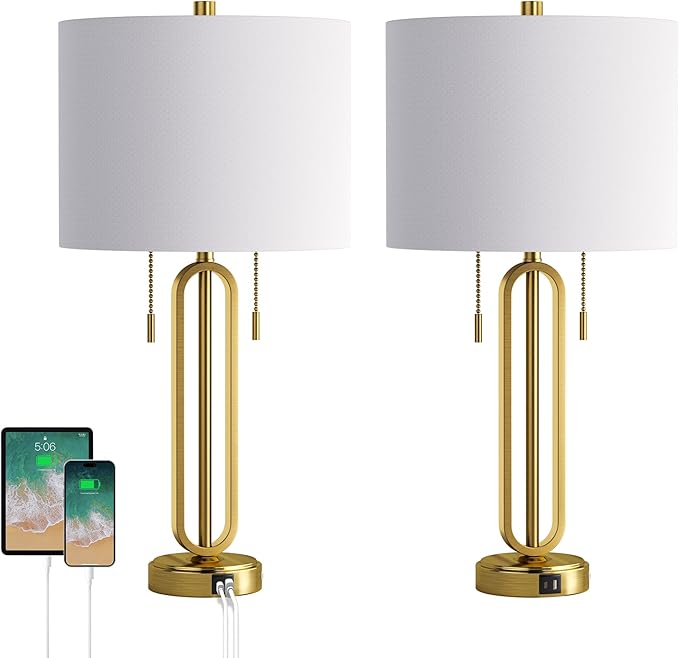 26.5" Set of 2 Industrial Table Lamps with USB C+ A Ports, Gold Metal Bedside Lamps, Pull Chain, Modern Farmhouse Nightstand Lamp for Bedroom, Living Room, Home Office with White Shade