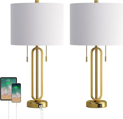 26.5" Set of 2 Industrial Table Lamps with USB C+ A Ports, Gold Metal Bedside Lamps, Pull Chain, Modern Farmhouse Nightstand Lamp for Bedroom, Living Room, Home Office with White Shade