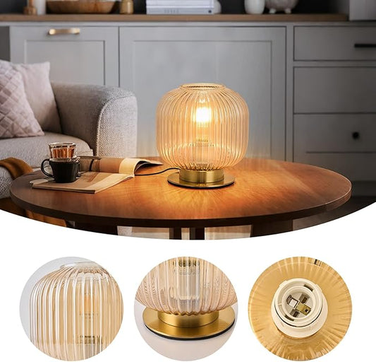 NKU Mid-Century Modern Glass Table Lamp Featuring a Ribbed Glass Shade, Gold-Finished Nightstand or Desk Lamp Ideal for Bedside, Corner Bookshelf, Living Room, or Office (Amber Table Lamp)